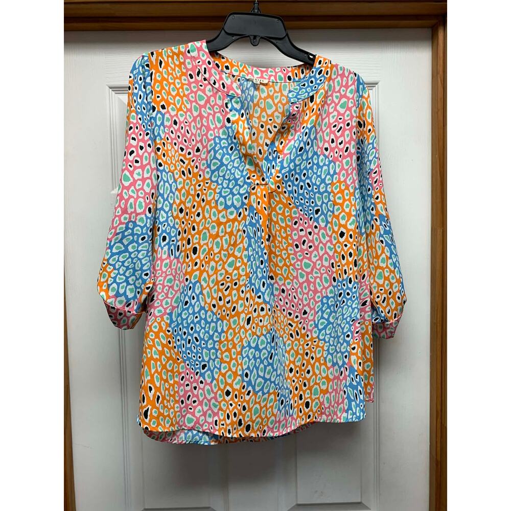 Jodifl Blouse Womens Med Colorful Abstract Print Top 3/4 Sleeve Lightweight Boho